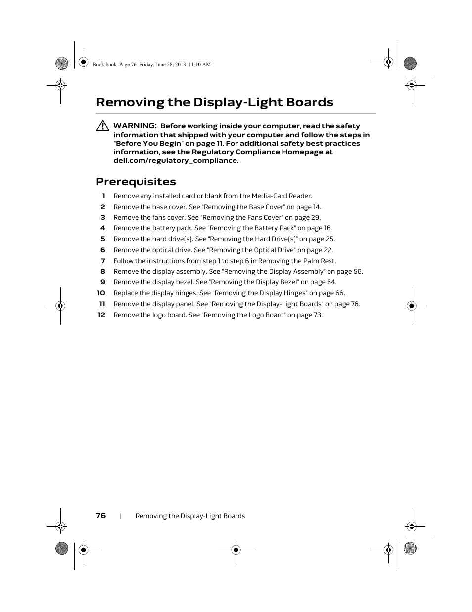 Removing the display-light boards, Prerequisites | Dell Alienware 18 (Mid 2013) User Manual | Page 76 / 119