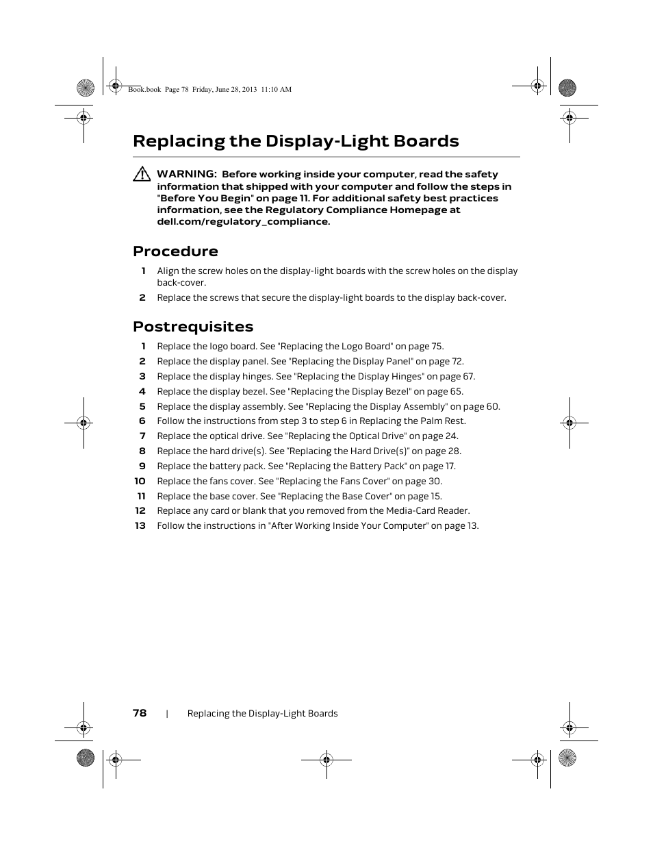 Replacing the display-light boards, Procedure, Postrequisites | Dell Alienware 18 (Mid 2013) User Manual | Page 78 / 119
