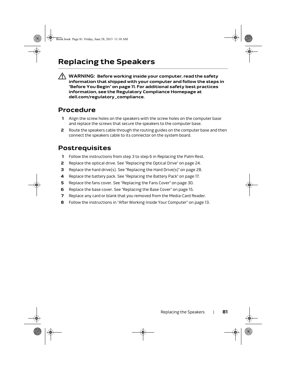 Replacing the speakers, Procedure, Postrequisites | Dell Alienware 18 (Mid 2013) User Manual | Page 81 / 119
