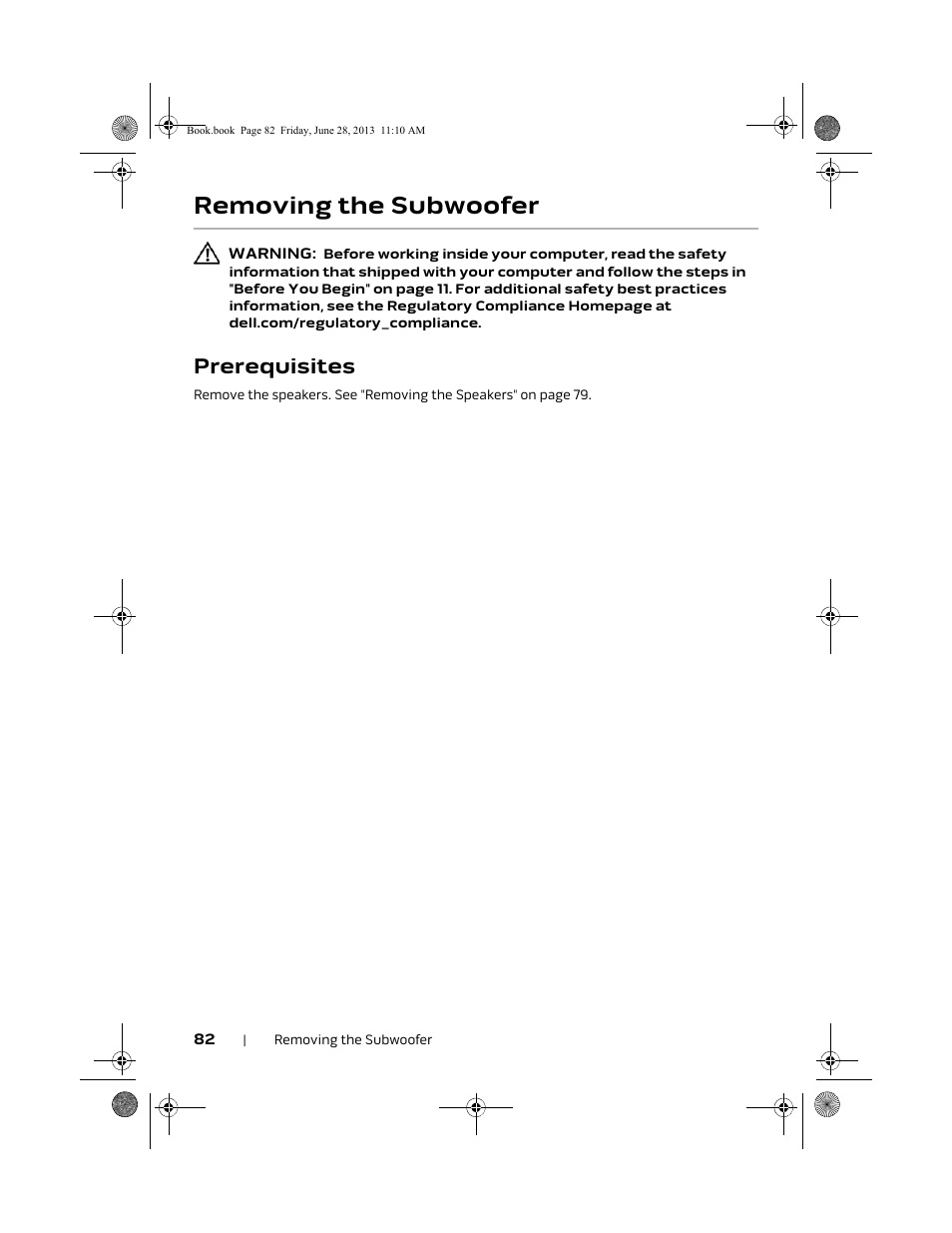 Removing the subwoofer, Prerequisites | Dell Alienware 18 (Mid 2013) User Manual | Page 82 / 119