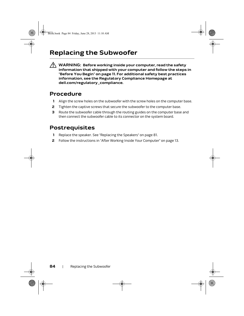 Replacing the subwoofer, Procedure, Postrequisites | Dell Alienware 18 (Mid 2013) User Manual | Page 84 / 119