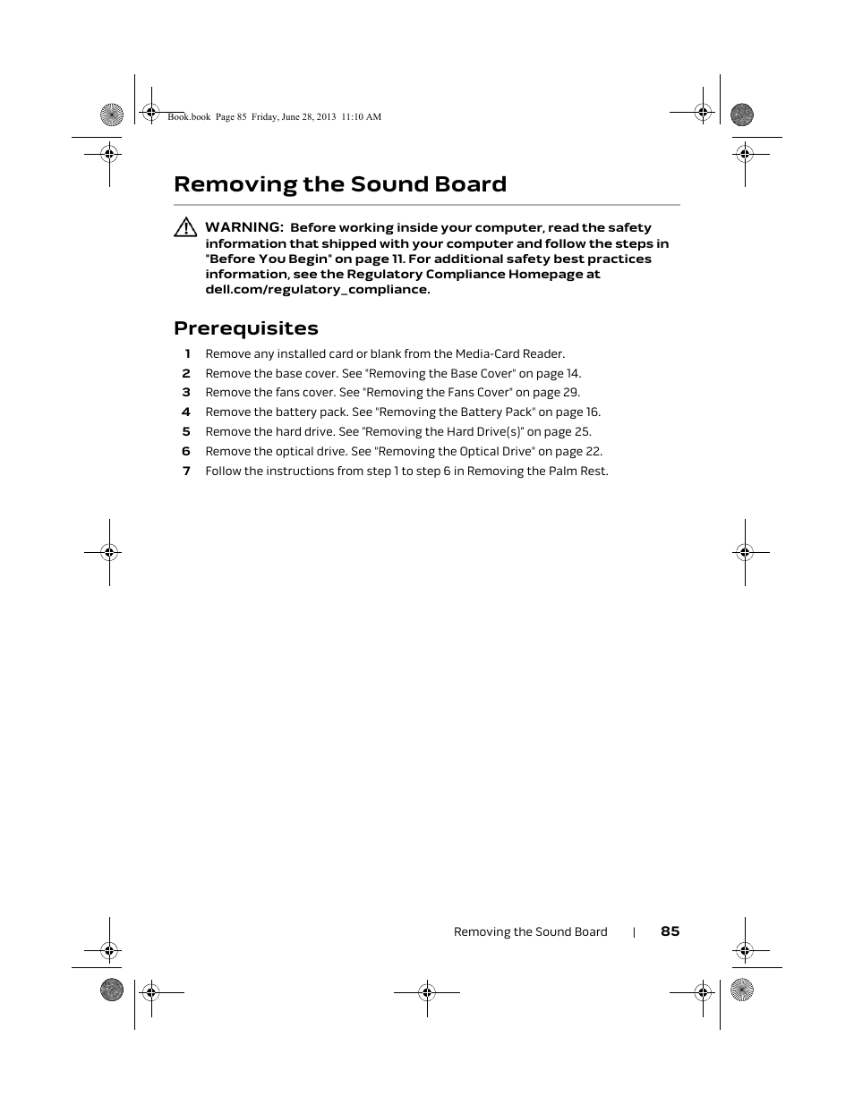 Removing the sound board, Prerequisites | Dell Alienware 18 (Mid 2013) User Manual | Page 85 / 119