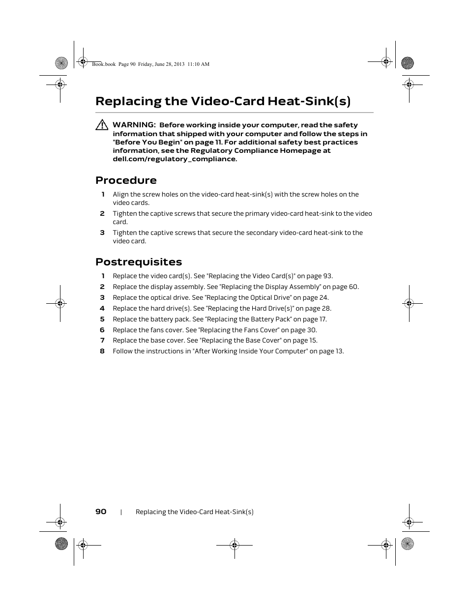 Replacing the video-card heat-sink(s), Procedure, Postrequisites | Dell Alienware 18 (Mid 2013) User Manual | Page 90 / 119