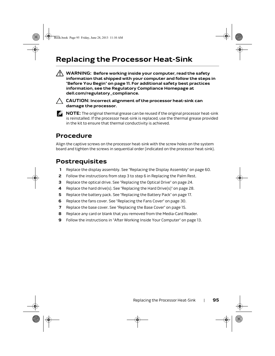 Replacing the processor heat-sink, Procedure, Postrequisites | Dell Alienware 18 (Mid 2013) User Manual | Page 95 / 119