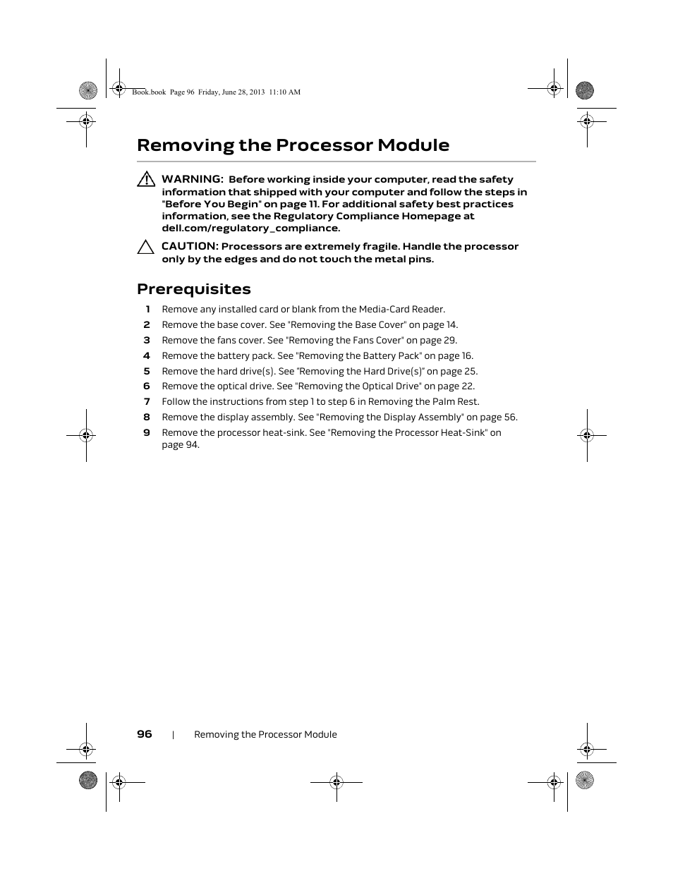 Removing the processor module, Prerequisites | Dell Alienware 18 (Mid 2013) User Manual | Page 96 / 119
