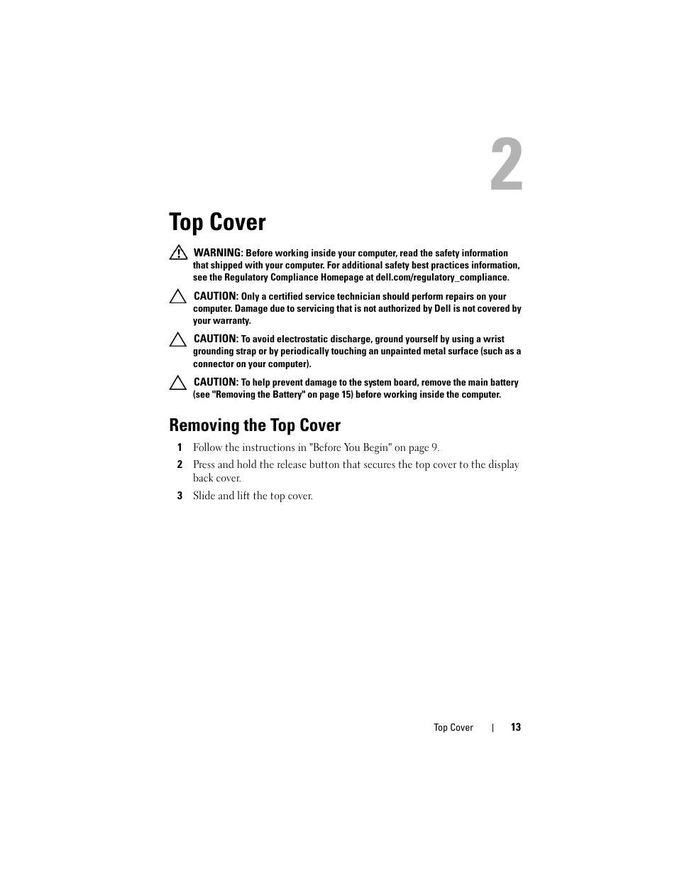 Top cover, Removing the top cover, 3 slide and lift the top cover | Dell Inspiron M511R (Mid 2011) User Manual | Page 13 / 90