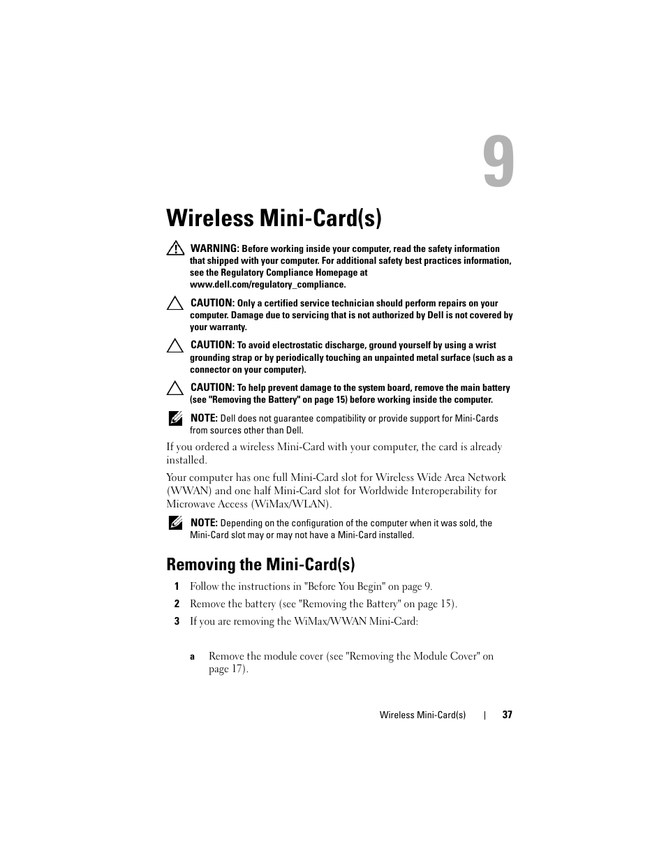 Wireless mini-card(s), Removing the mini-card(s), 3 if you are removing the wimax/wwan mini-card | Dell Inspiron M511R (Mid 2011) User Manual | Page 37 / 90