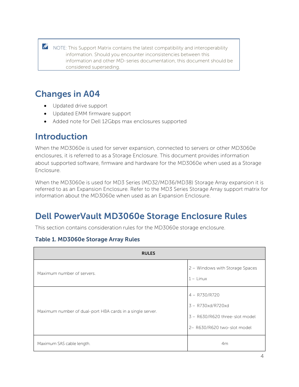 Changes in a04, Introduction, Dell powervault md3060e storage enclosure rules | Dell PowerVault MD3060e User Manual | Page 4 / 8