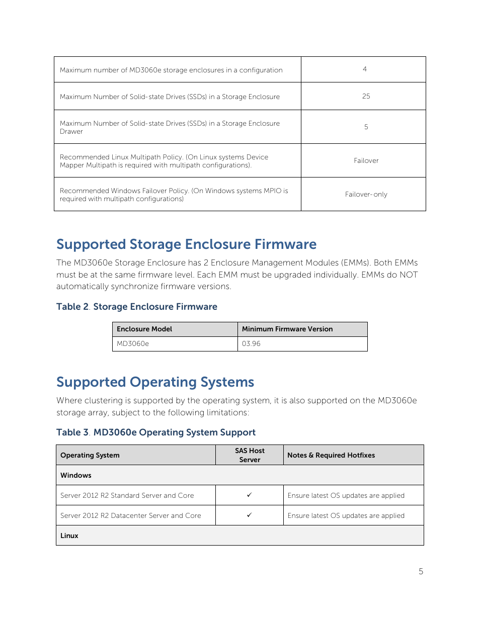 Supported storage enclosure firmware, Supported operating systems | Dell PowerVault MD3060e User Manual | Page 5 / 8