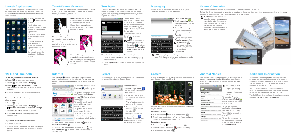 Camera, Touch screen gestures, Text input | Messaging, Wi-fi and bluetooth, Internet, Search, Android market, Additional information, Launch applications | Dell Mobile Venue User Manual | Page 2 / 2