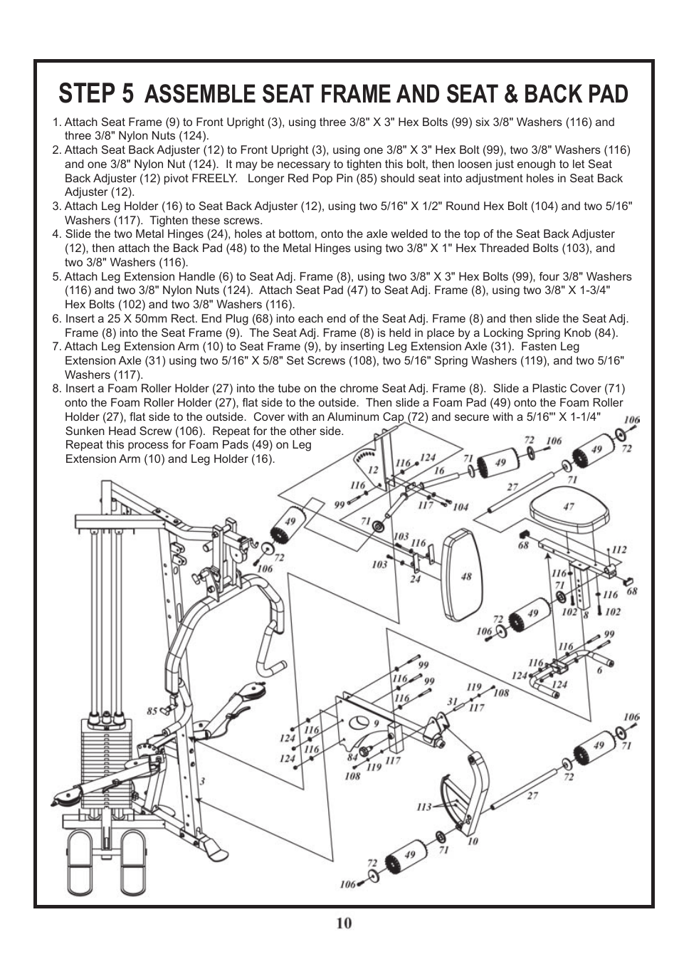 Step 5, Assemble seat frame and seat & back pad | BodyCraft BCG-GX User Manual | Page 11 / 21