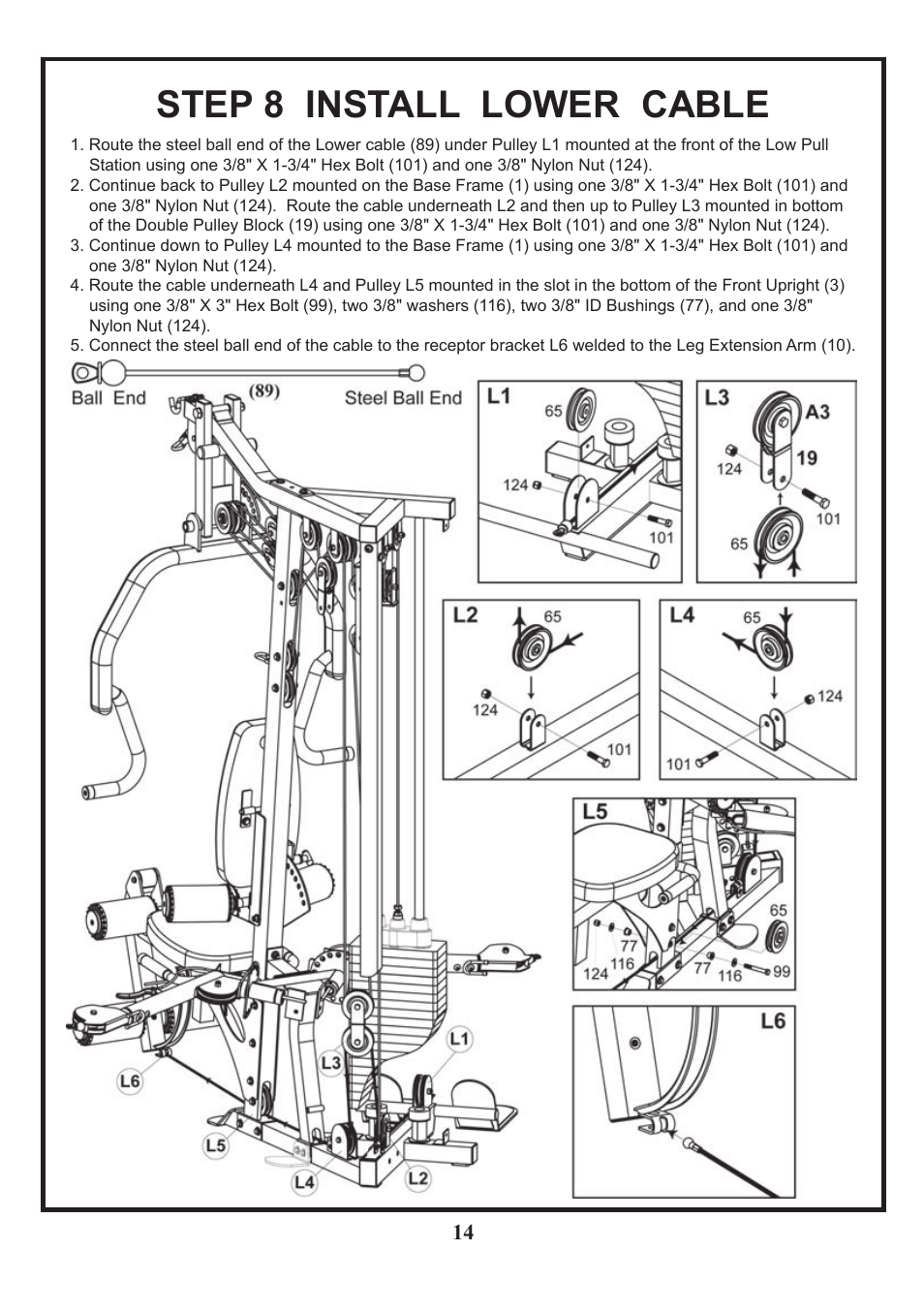 Step 8 install lower cable | BodyCraft BCG-GX User Manual | Page 15 / 21