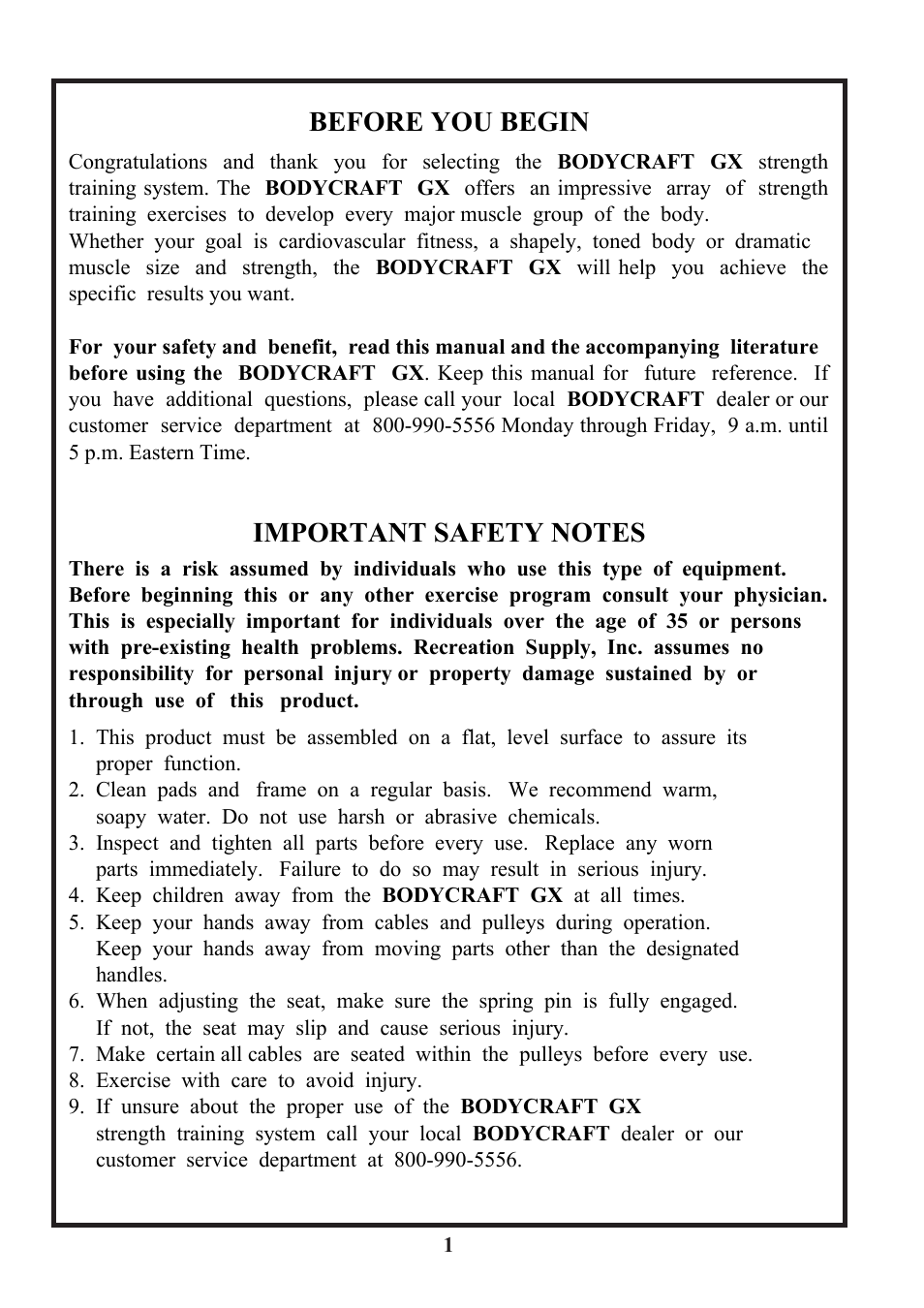 Before you begin | BodyCraft BCG-GX User Manual | Page 2 / 21