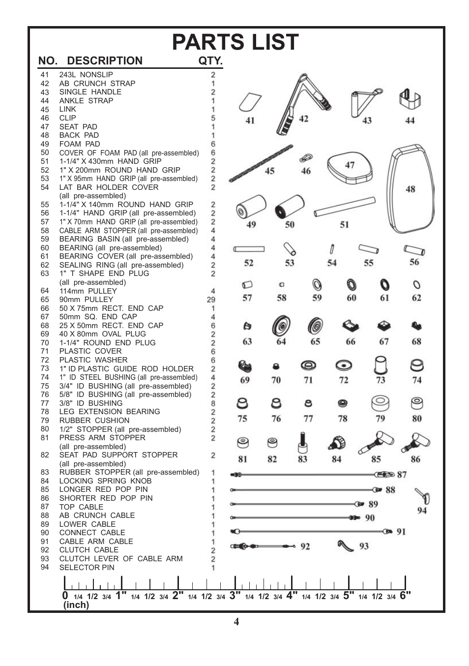 Parts list, No. description qty. 0, Inch) | BodyCraft BCG-GX User Manual | Page 5 / 21