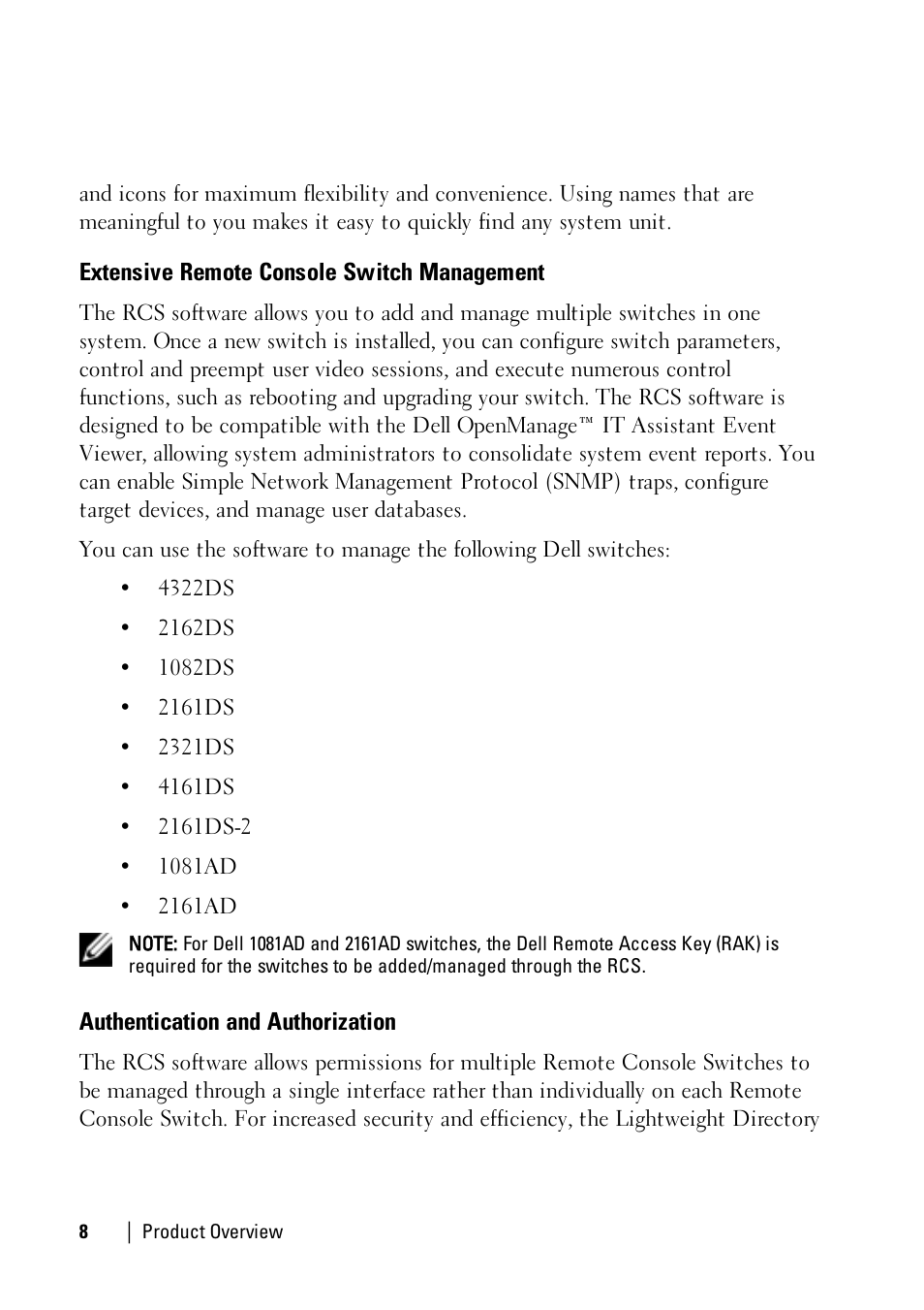 Extensive remote console switch management, Authentication and authorization | Dell KVM 2161DS User Manual | Page 8 / 112