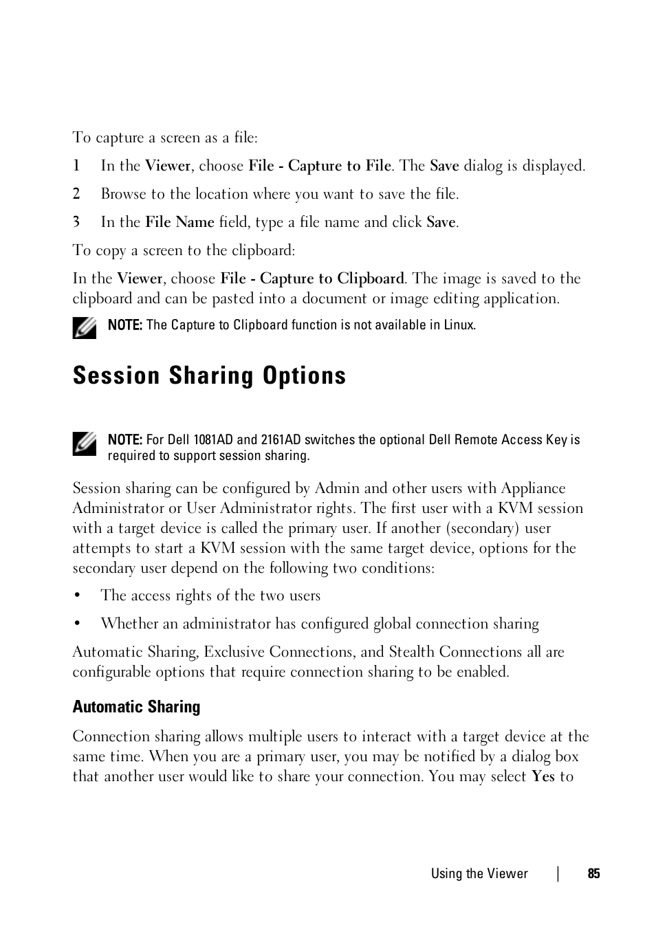Session sharing options, Automatic sharing | Dell KVM 2161DS User Manual | Page 85 / 112