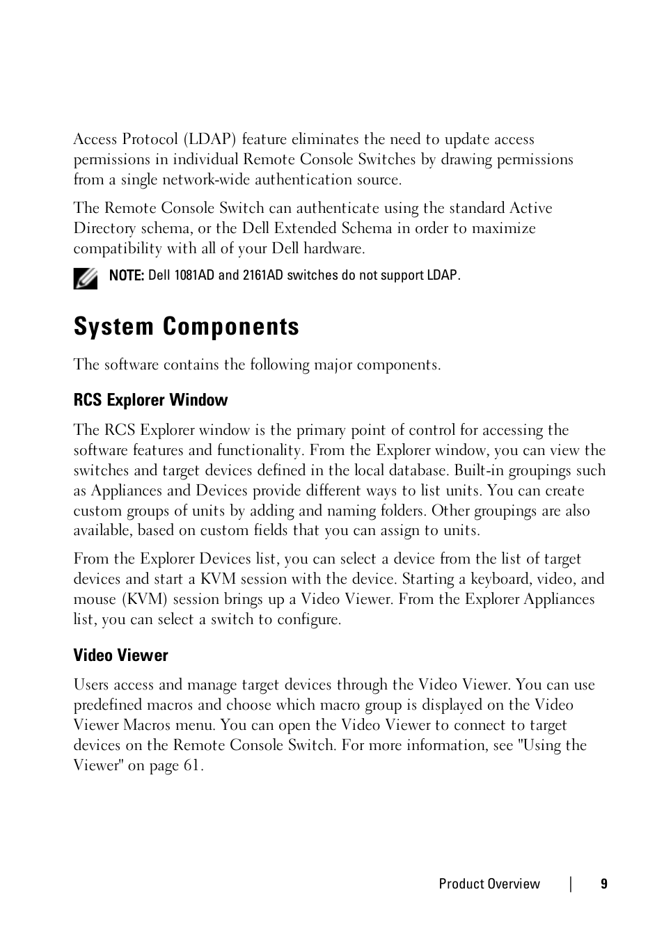 System components, Rcs explorer window, Video viewer | Dell KVM 2161DS User Manual | Page 9 / 112
