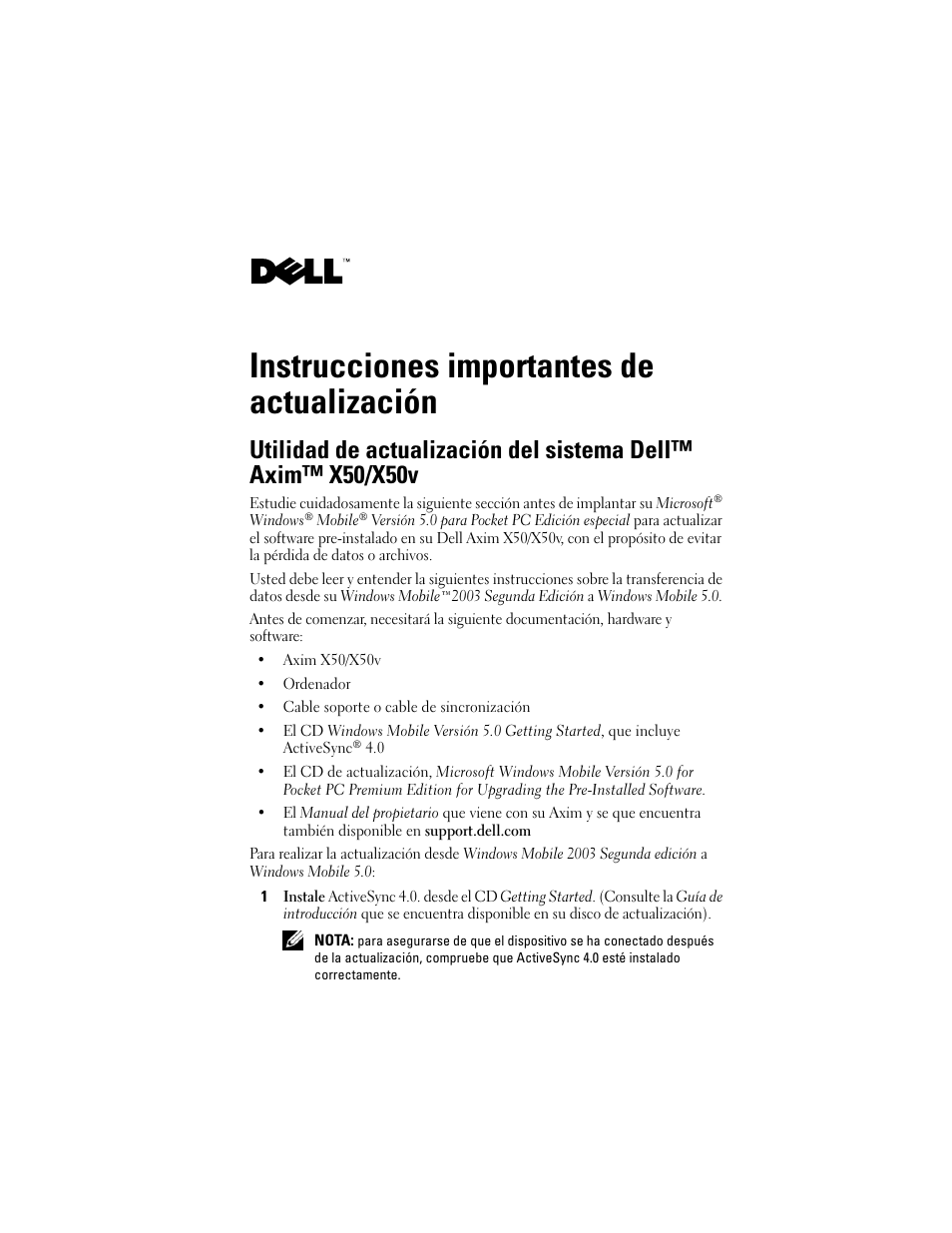Instrucciones importantes de actualización | Dell X50 Upgrade User Manual | Page 11 / 12