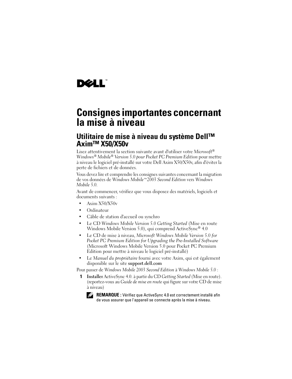 Consignes importantes concernant la mise à niveau | Dell X50 Upgrade User Manual | Page 3 / 12