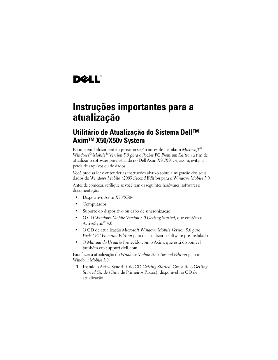 Instruções importantes para a atualização | Dell X50 Upgrade User Manual | Page 9 / 12