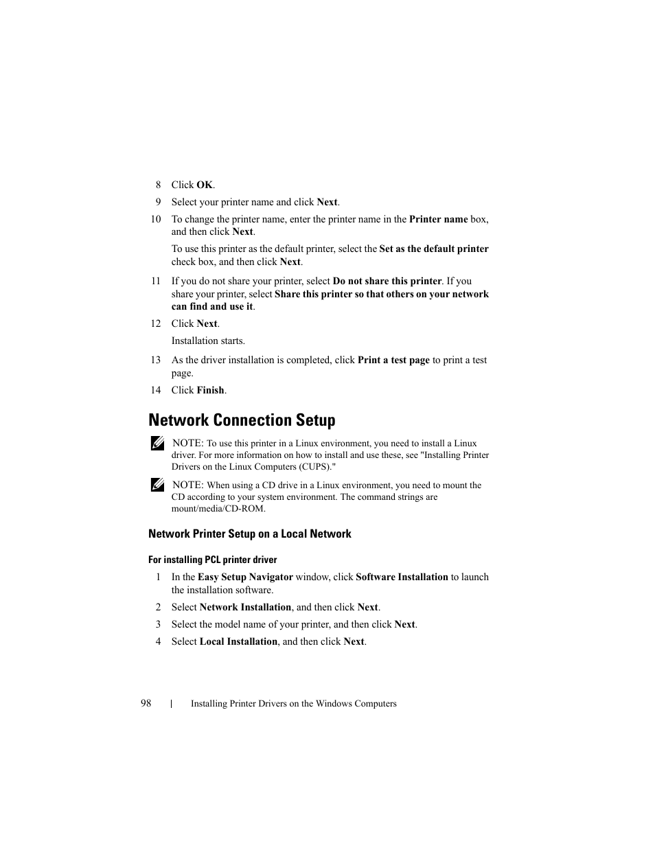 Network connection setup, Network printer setup on a local network | Dell 2150cn/cdn Color Laser Printer User Manual | Page 100 / 495