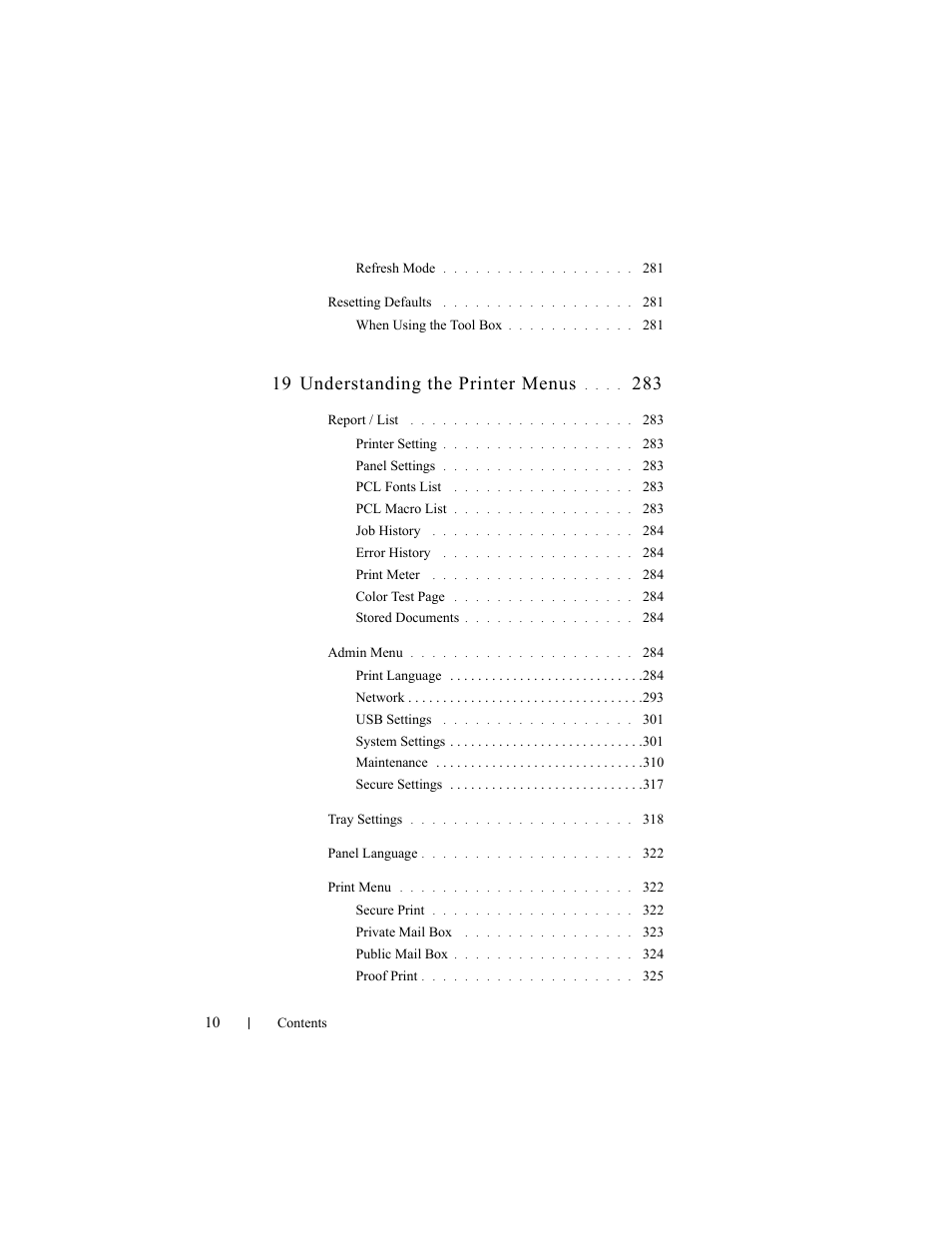 19 understanding the printer menus | Dell 2150cn/cdn Color Laser Printer User Manual | Page 12 / 495
