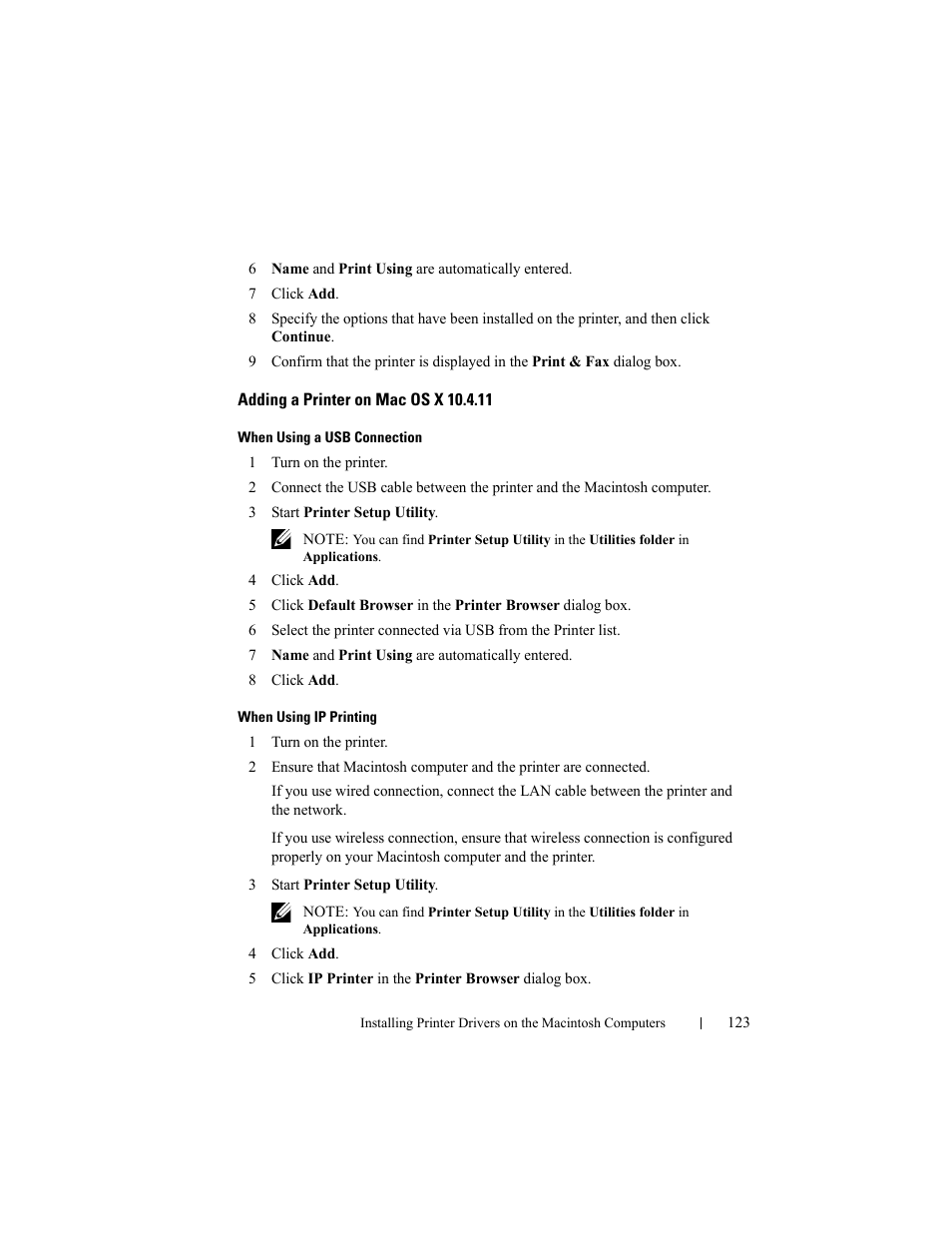 Adding a printer on mac os x 10.4.11 | Dell 2150cn/cdn Color Laser Printer User Manual | Page 125 / 495