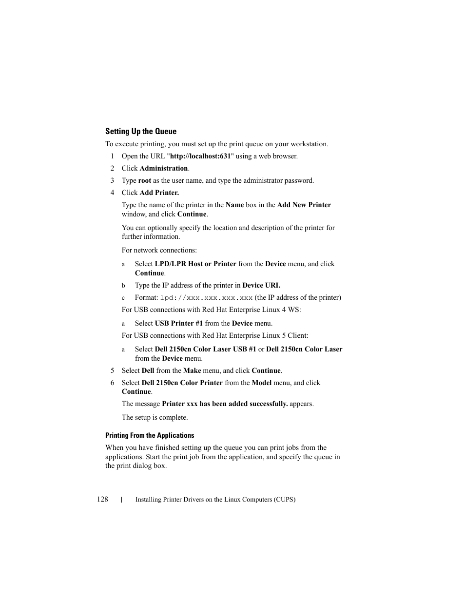 Setting up the queue | Dell 2150cn/cdn Color Laser Printer User Manual | Page 130 / 495