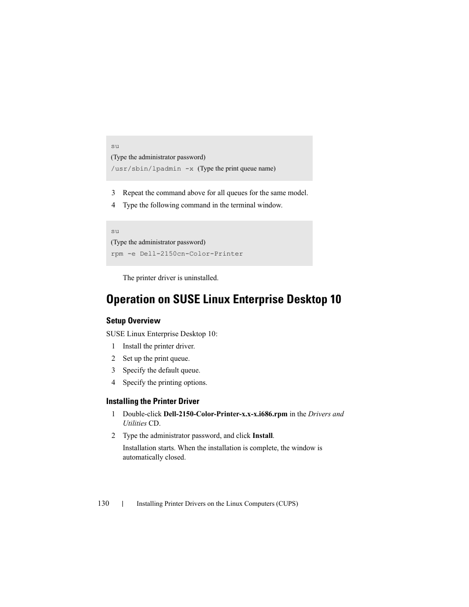 Operation on suse linux enterprise desktop 10, Setup overview, Installing the printer driver | Dell 2150cn/cdn Color Laser Printer User Manual | Page 132 / 495