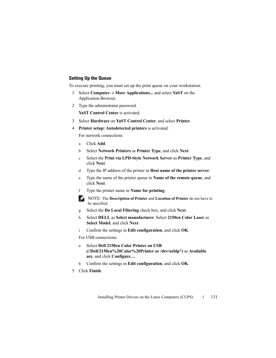 Setting up the queue | Dell 2150cn/cdn Color Laser Printer User Manual | Page 133 / 495