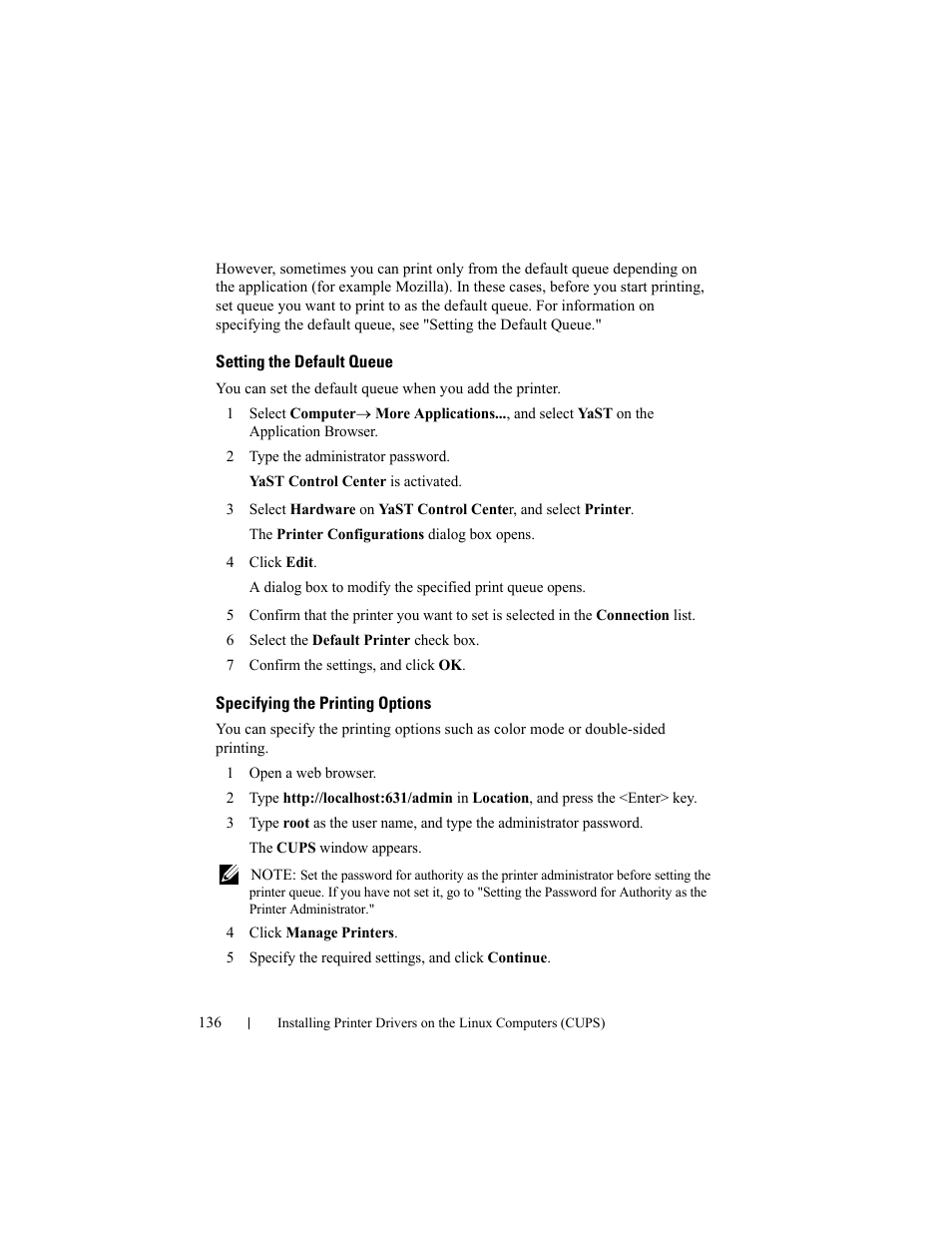 Setting the default queue, Specifying the printing options | Dell 2150cn/cdn Color Laser Printer User Manual | Page 138 / 495