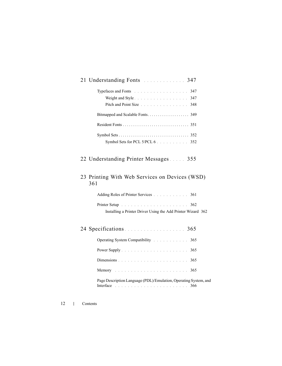 21 understanding fonts, 22 understanding printer messages, 24 specifications | Dell 2150cn/cdn Color Laser Printer User Manual | Page 14 / 495