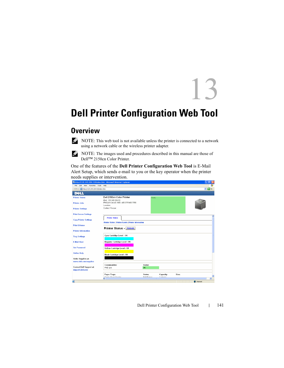 Dell printer configuration web tool, Overview | Dell 2150cn/cdn Color Laser Printer User Manual | Page 143 / 495
