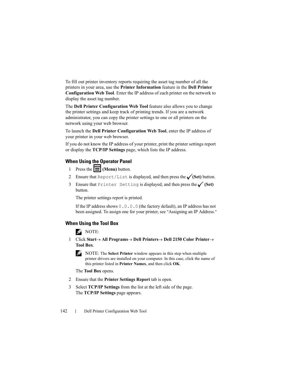 When using the operator panel, When using the tool box | Dell 2150cn/cdn Color Laser Printer User Manual | Page 144 / 495