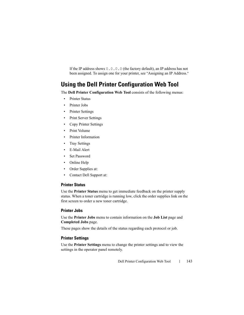 Using the dell printer configuration web tool, Printer status, Printer jobs | Printer settings | Dell 2150cn/cdn Color Laser Printer User Manual | Page 145 / 495