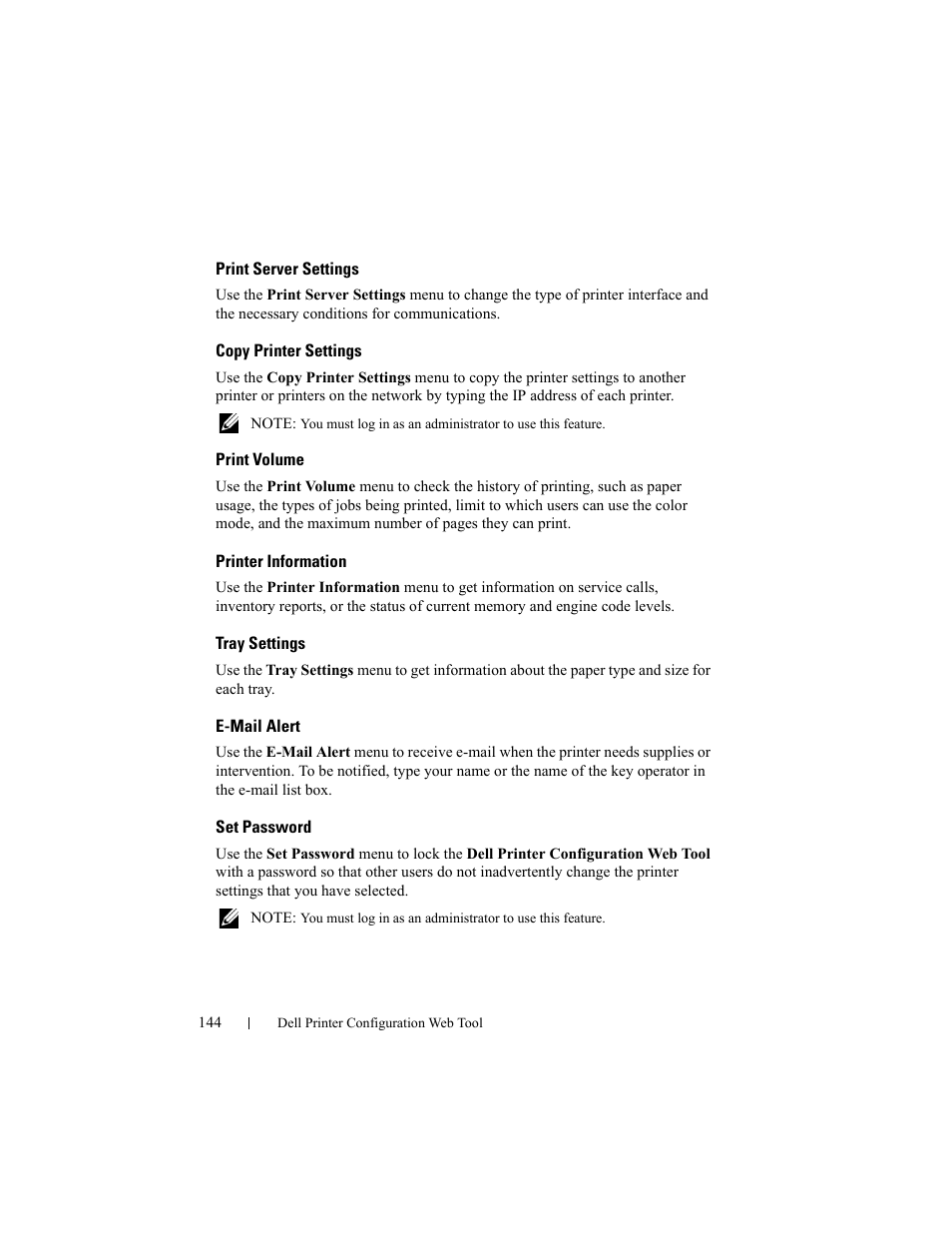 Print server settings, Copy printer settings, Print volume | Printer information, Tray settings, E-mail alert, Set password | Dell 2150cn/cdn Color Laser Printer User Manual | Page 146 / 495