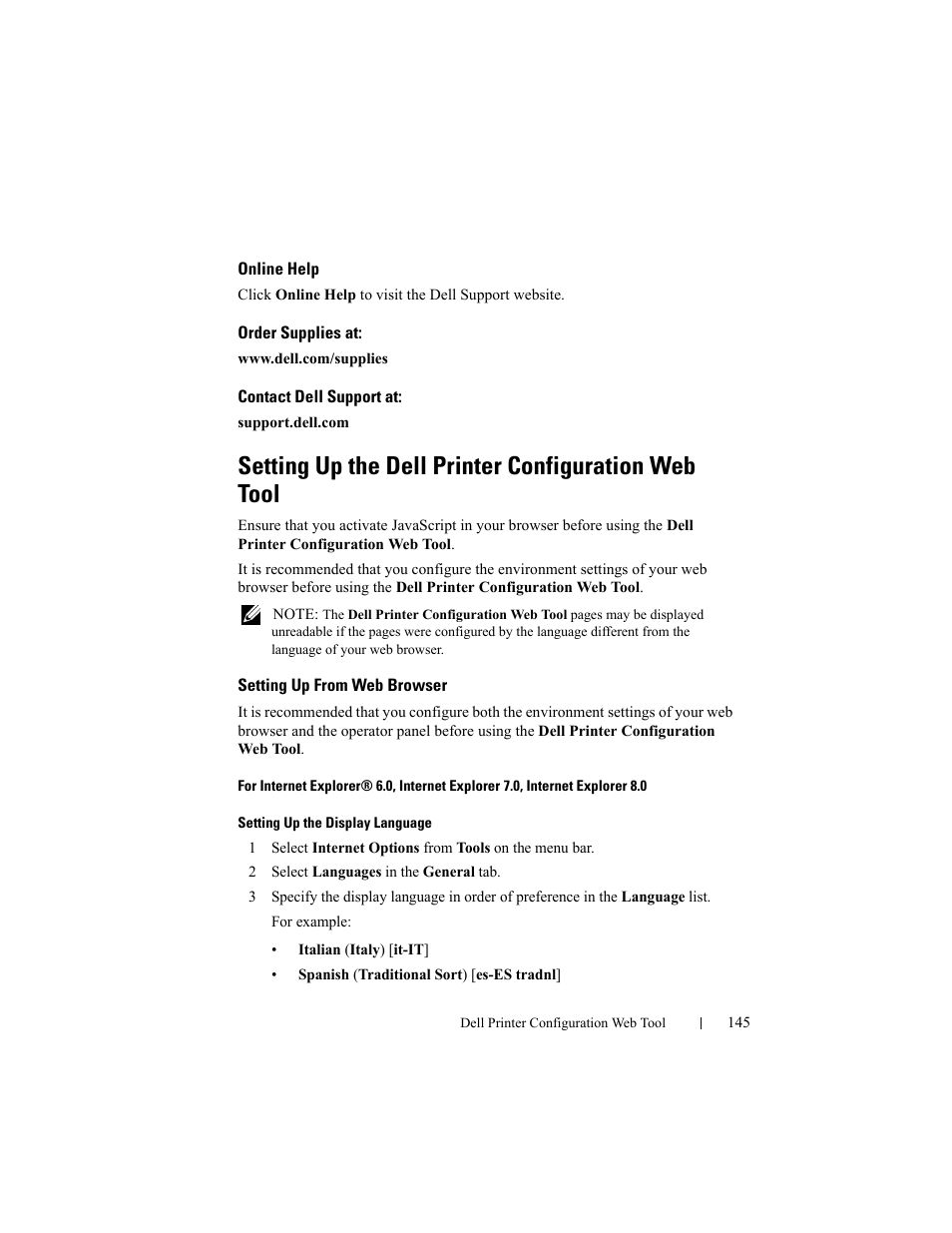 Online help, Order supplies at, Contact dell support at | Setting up the dell printer configuration web tool, Setting up from web browser | Dell 2150cn/cdn Color Laser Printer User Manual | Page 147 / 495