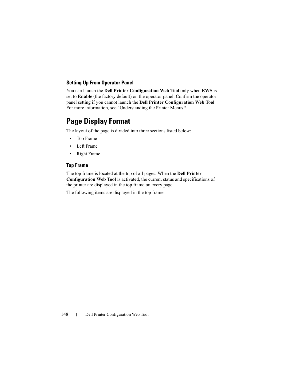 Setting up from operator panel, Top frame, Page display format | Dell 2150cn/cdn Color Laser Printer User Manual | Page 150 / 495