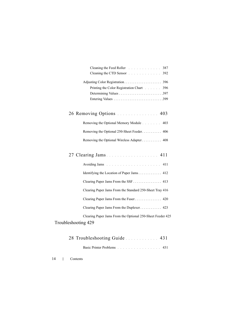 26 removing options, 27 clearing jams | Dell 2150cn/cdn Color Laser Printer User Manual | Page 16 / 495
