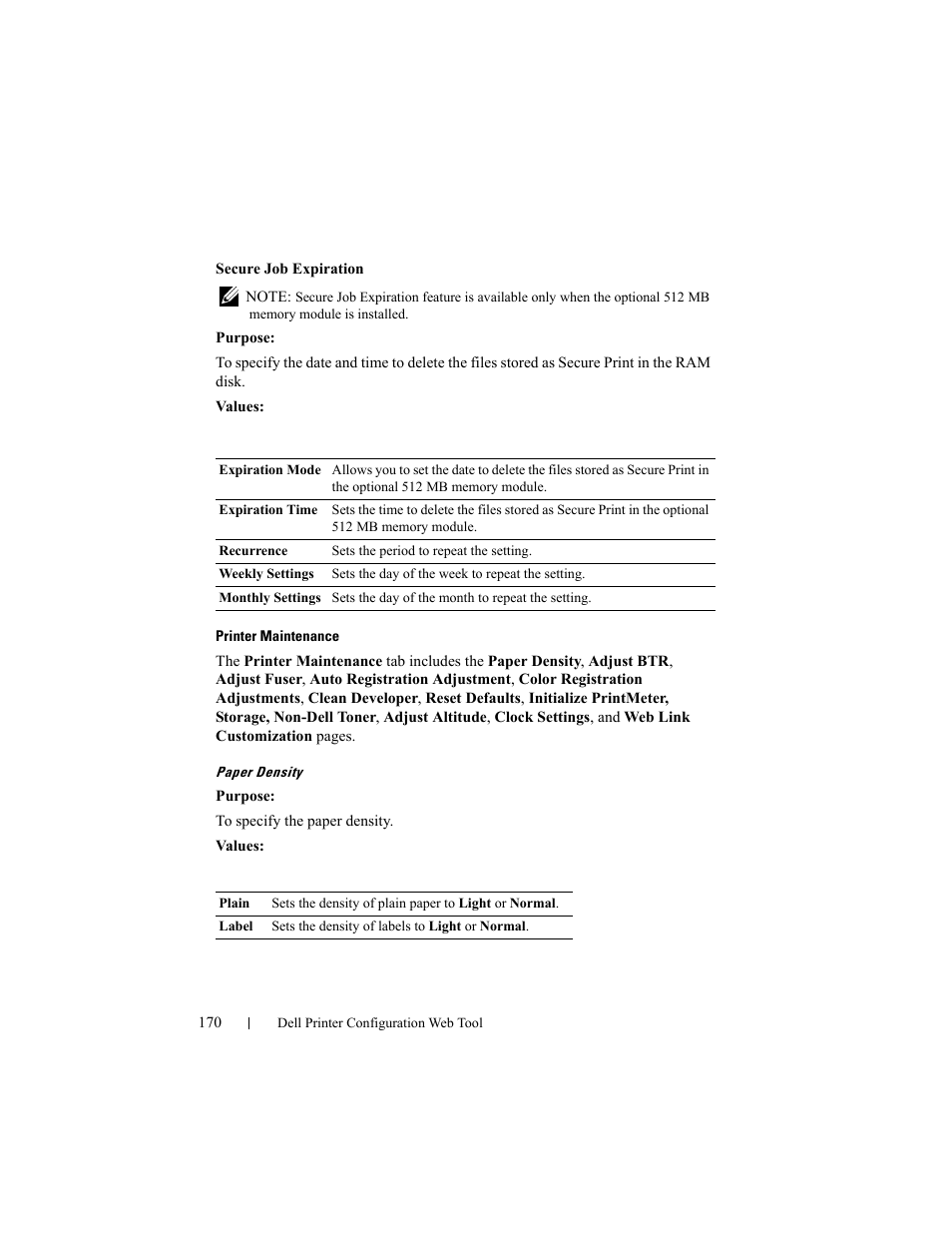 Printer maintenance, Paper density | Dell 2150cn/cdn Color Laser Printer User Manual | Page 172 / 495