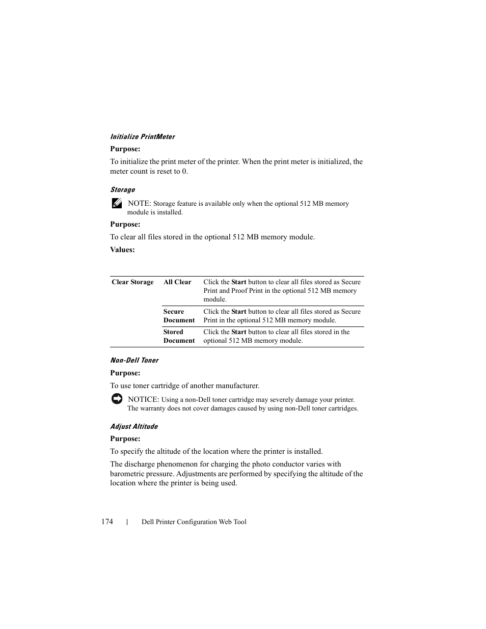 Initialize printmeter, Storage, Non-dell toner | Adjust altitude | Dell 2150cn/cdn Color Laser Printer User Manual | Page 176 / 495