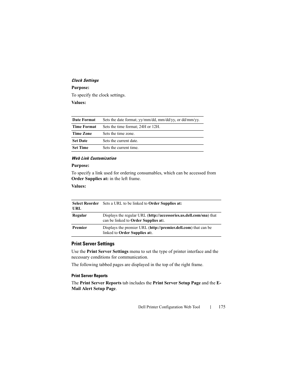 Print server settings, Clock settings, Web link customization | Print server reports | Dell 2150cn/cdn Color Laser Printer User Manual | Page 177 / 495