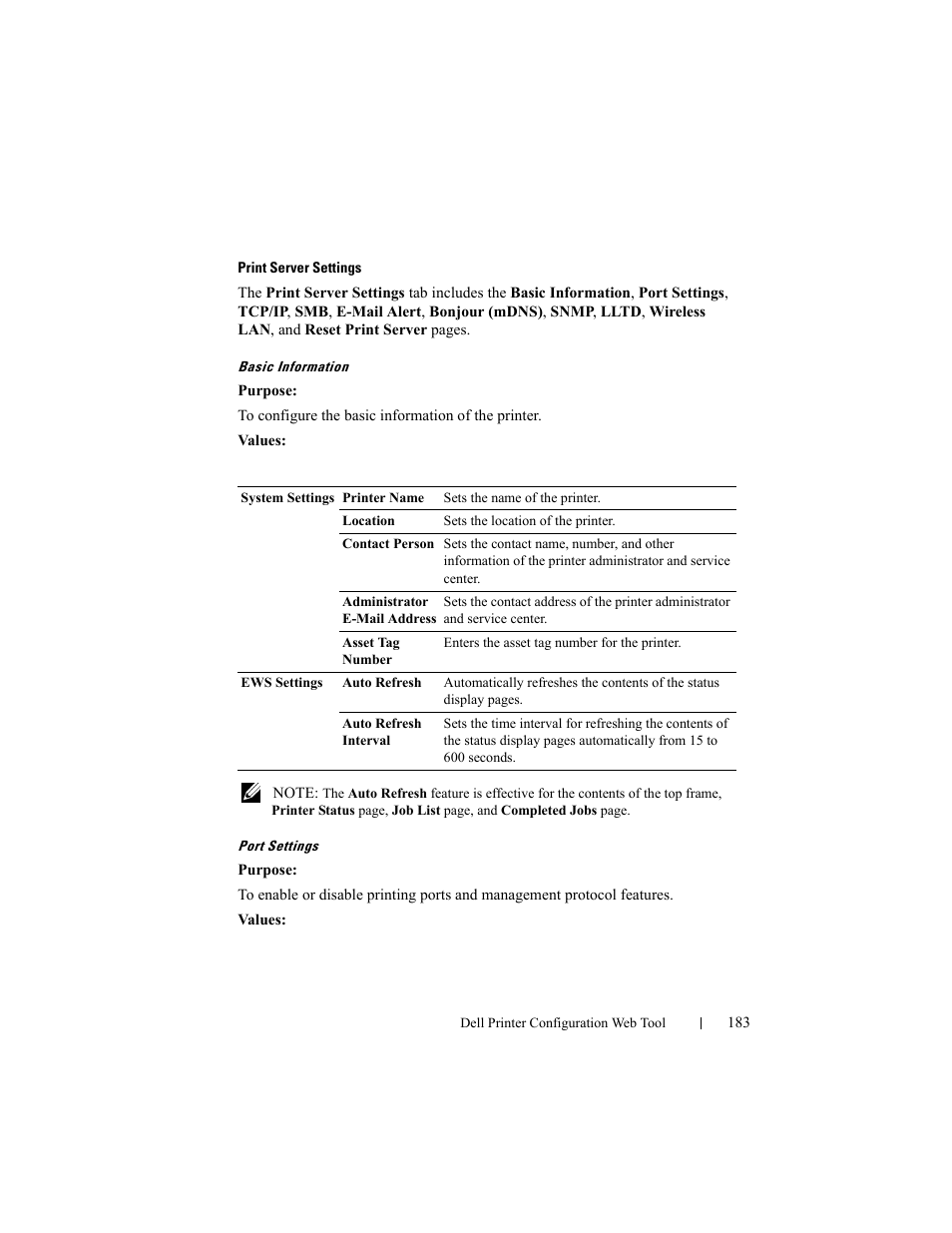 Print server settings, Basic information, Port settings | Dell 2150cn/cdn Color Laser Printer User Manual | Page 185 / 495