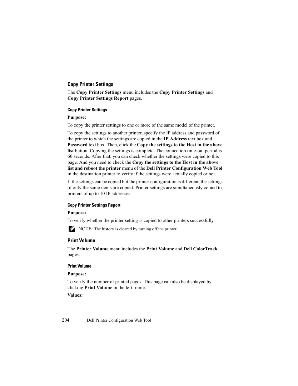 Copy printer settings, Print volume, Copy printer settings print volume | Copy printer settings report | Dell 2150cn/cdn Color Laser Printer User Manual | Page 206 / 495