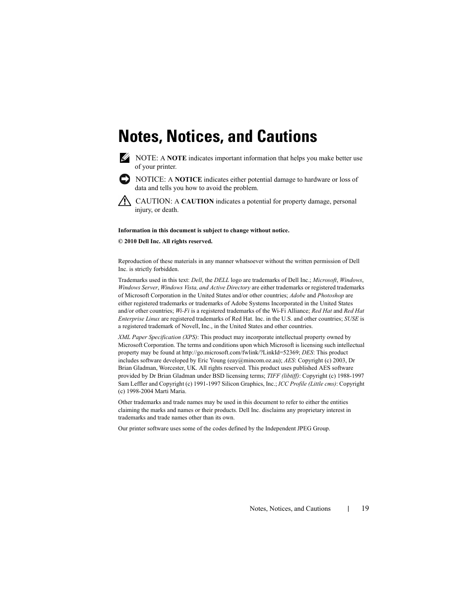 Notes, notices, and cautions | Dell 2150cn/cdn Color Laser Printer User Manual | Page 21 / 495