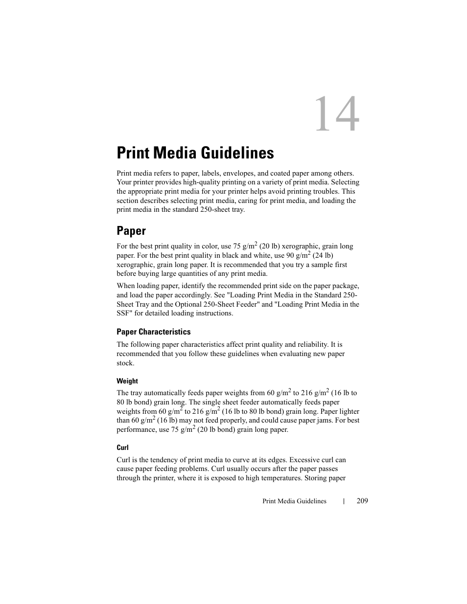 Print media guidelines, Paper, Paper characteristics | Dell 2150cn/cdn Color Laser Printer User Manual | Page 211 / 495