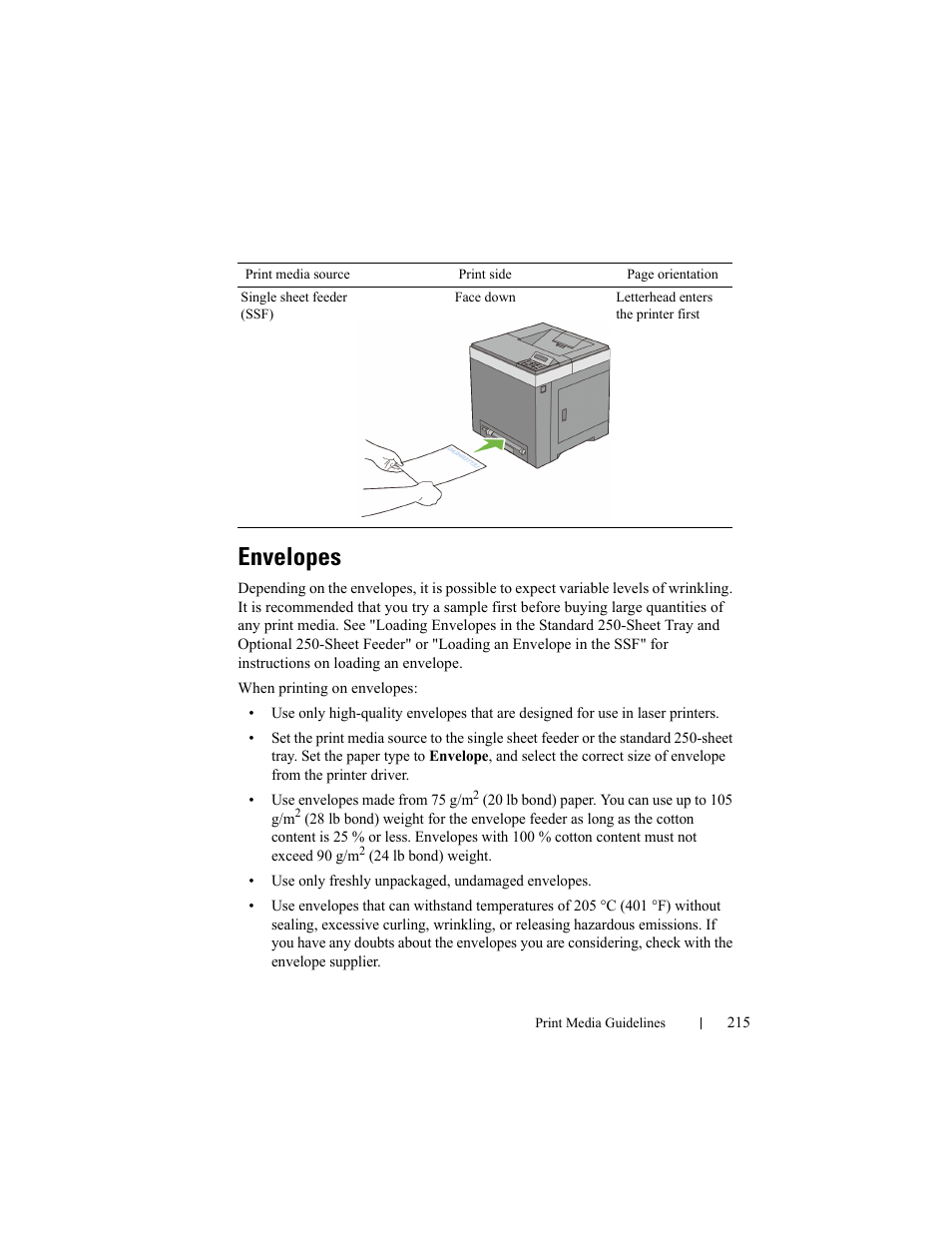 Envelopes | Dell 2150cn/cdn Color Laser Printer User Manual | Page 217 / 495