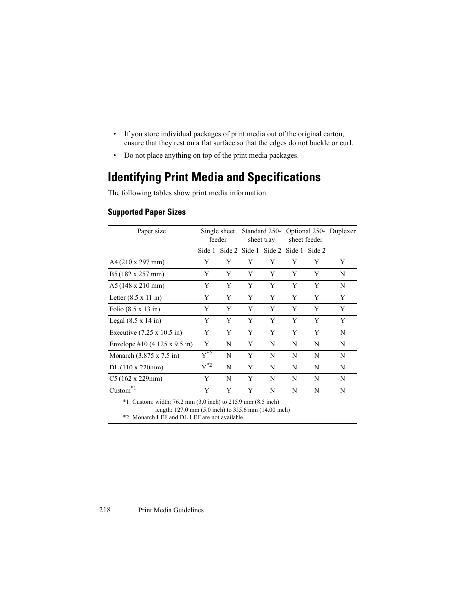 Identifying print media and specifications, Supported paper sizes | Dell 2150cn/cdn Color Laser Printer User Manual | Page 220 / 495