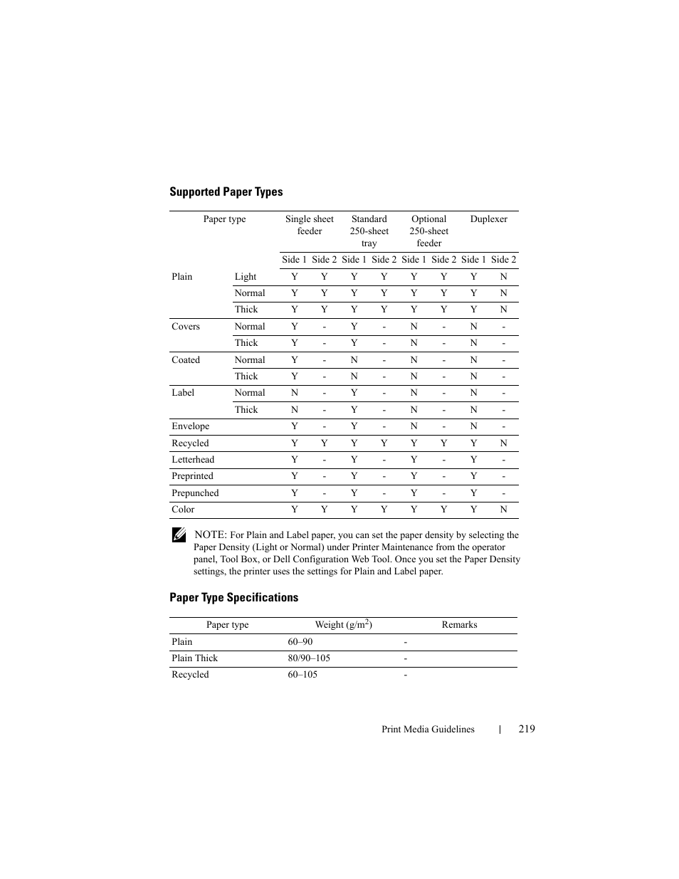 Supported paper types, Paper type specifications | Dell 2150cn/cdn Color Laser Printer User Manual | Page 221 / 495