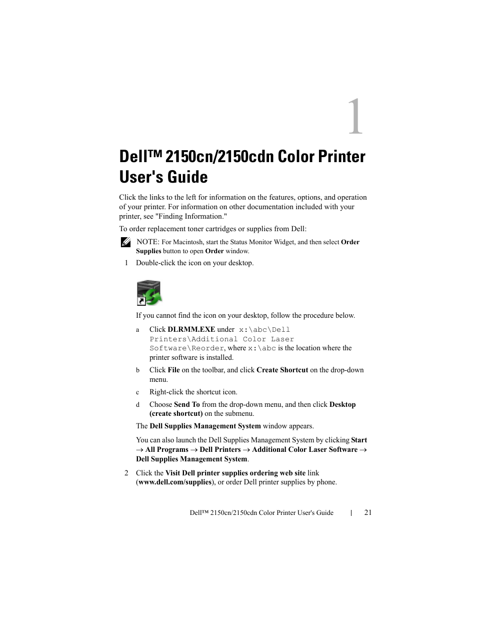 Dell™ 2150cn/2150cdn color printer user's guide, Dell™ 2150cn/2150cdn color printer user's, Guide | Dell 2150cn/cdn Color Laser Printer User Manual | Page 23 / 495